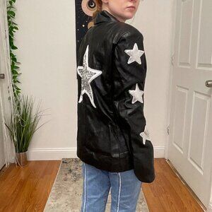 SOJARA Button-Up Sequin Star Leather Jacket Long Sleeve Size S Black